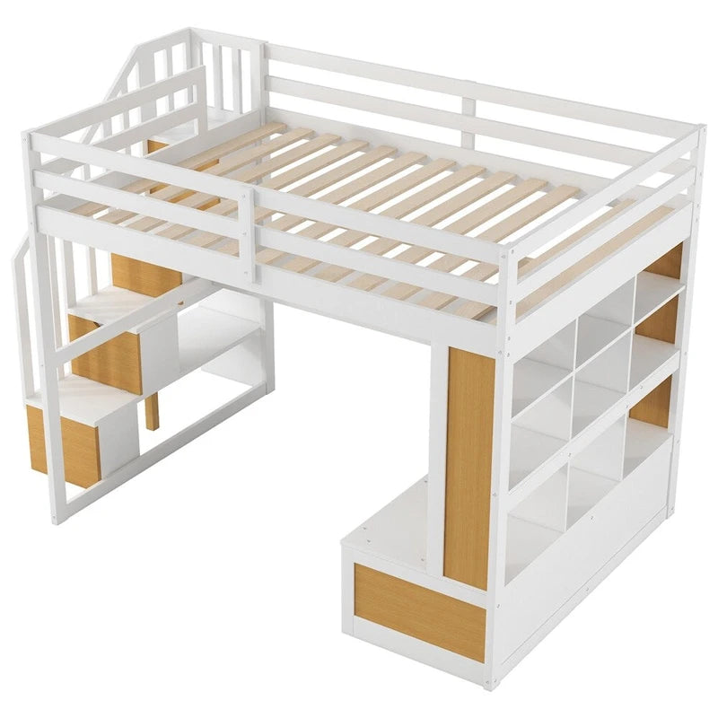 Cama alta blanca de tamaño completo con escritorio, estantes y escalera con almacenamiento, individual