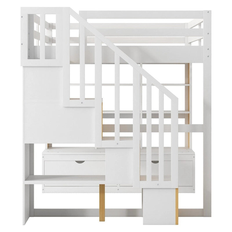 Cama alta blanca de tamaño completo con escritorio, estantes y escalera con almacenamiento, individual
