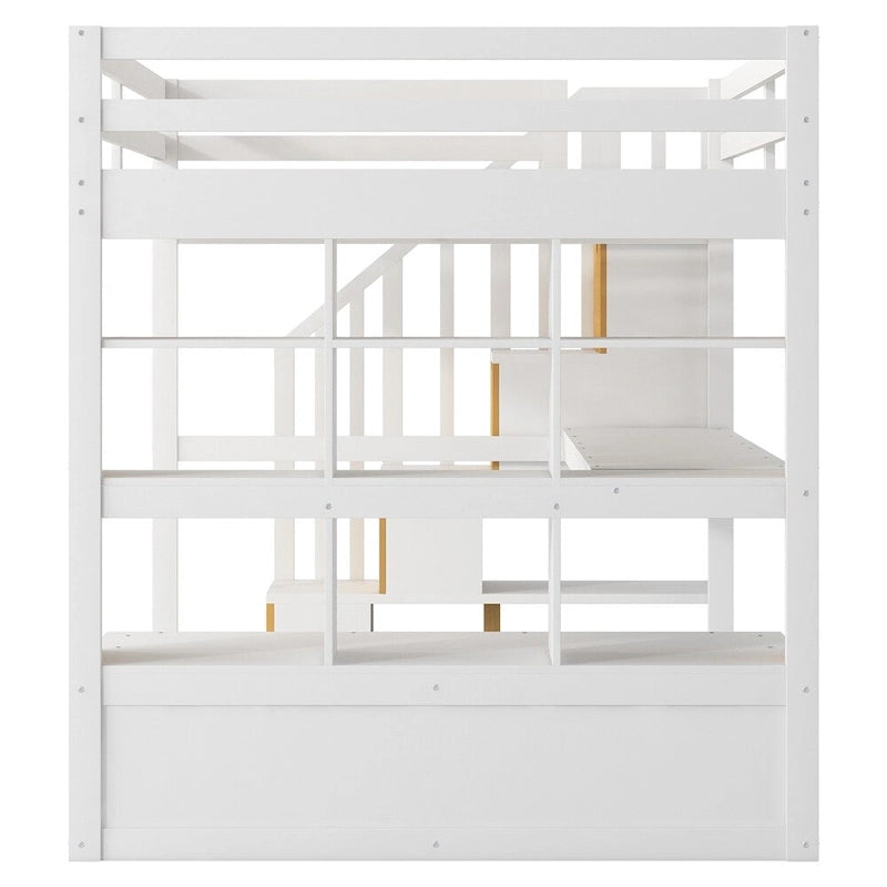 Cama alta blanca de tamaño completo con escritorio, estantes y escalera con almacenamiento, individual