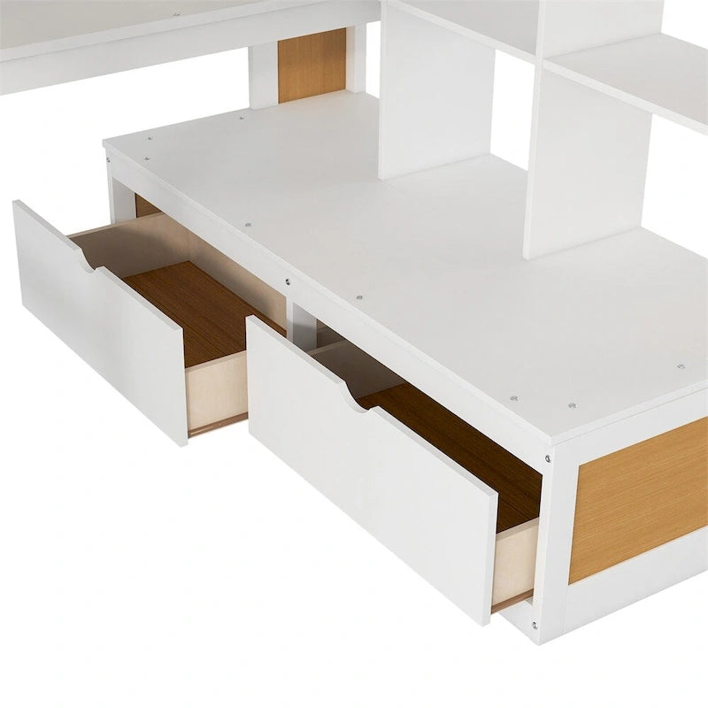 Cama alta blanca de tamaño completo con escritorio, estantes y escalera con almacenamiento, individual