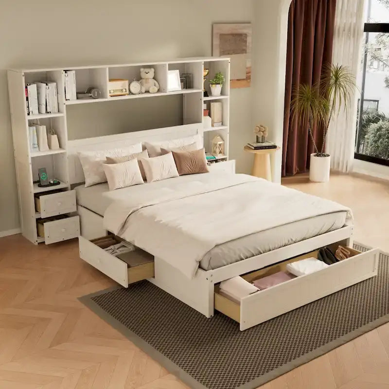 Cama de plataforma blanca de tamaño completo con cajones de almacenamiento, mesitas de noche y estaciones de carga, individual