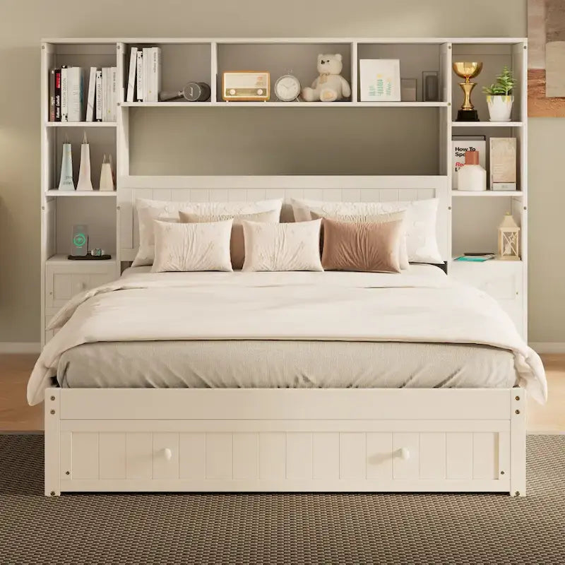 Cama de plataforma blanca de tamaño completo con cajones de almacenamiento, mesitas de noche y estaciones de carga, individual