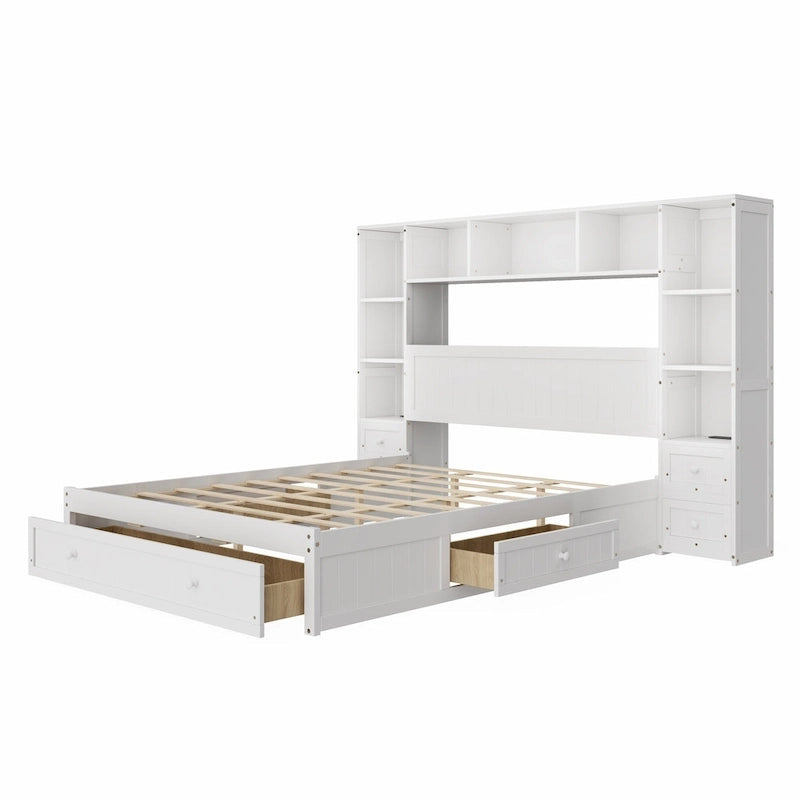 Cama de plataforma blanca de tamaño completo con cajones de almacenamiento, mesitas de noche y estaciones de carga, individual