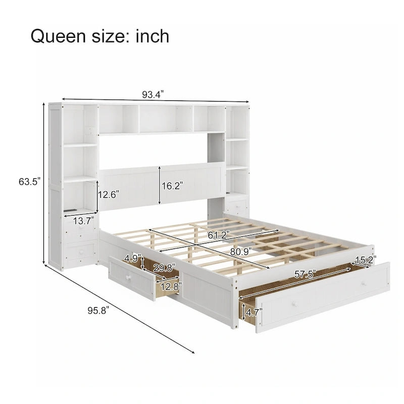 Cama de plataforma blanca de tamaño completo con cajones de almacenamiento, mesitas de noche y estaciones de carga, individual