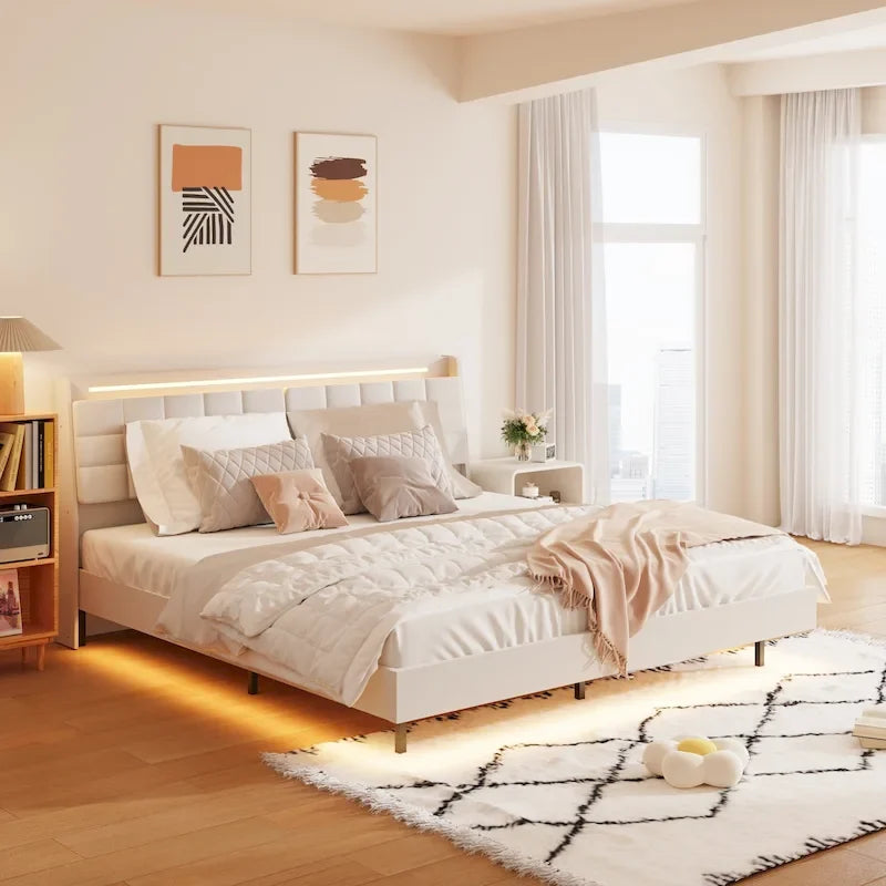 Cama de plataforma flotante tapizada King beige con LED y almacenamiento, para 2