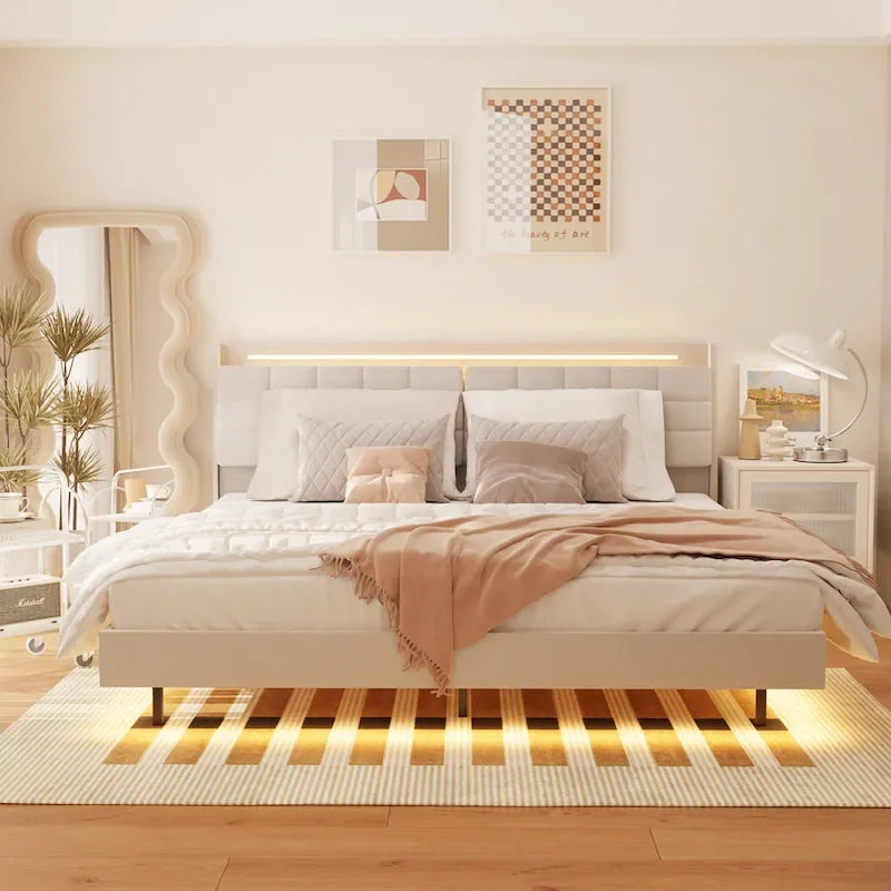 Cama de plataforma flotante tapizada King beige con LED y almacenamiento, para 2