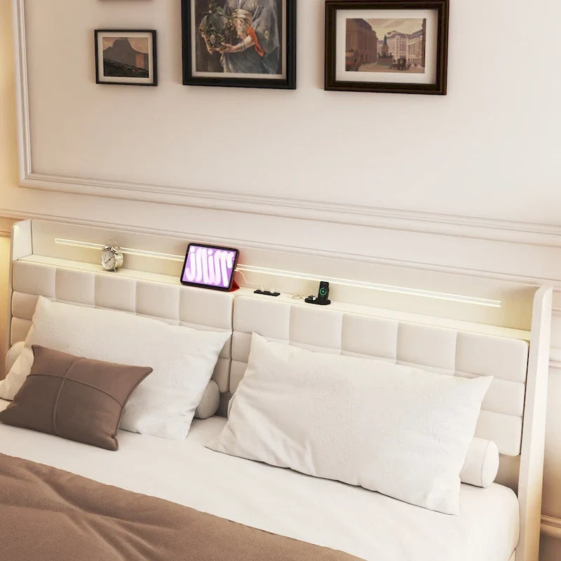 Cama de plataforma flotante tapizada King beige con LED y almacenamiento, para 2