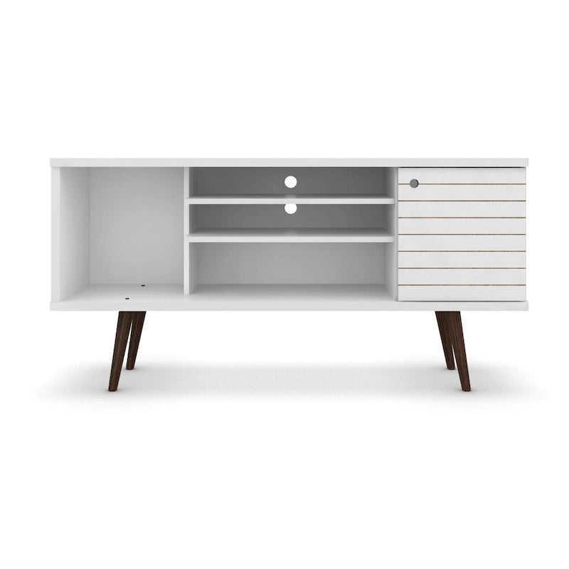 Mueble de TV blanco de mediados de siglo con armario y estantes, soporta televisores de hasta 50", requiere 1 persona para montarlo