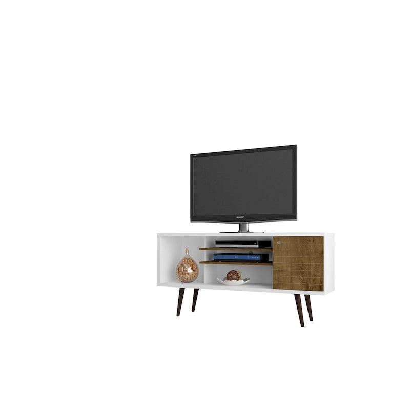 Mueble de TV blanco de mediados de siglo con armario y estantes, soporta televisores de hasta 50", requiere 1 persona para montarlo