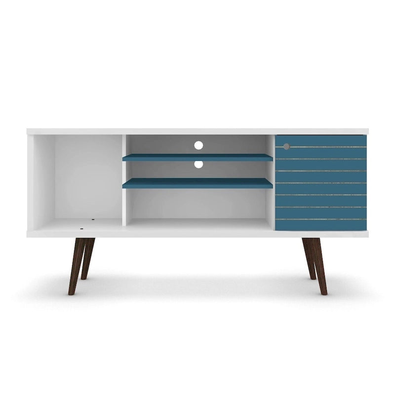 Mueble de TV blanco de mediados de siglo con armario y estantes, soporta televisores de hasta 50", requiere 1 persona para montarlo
