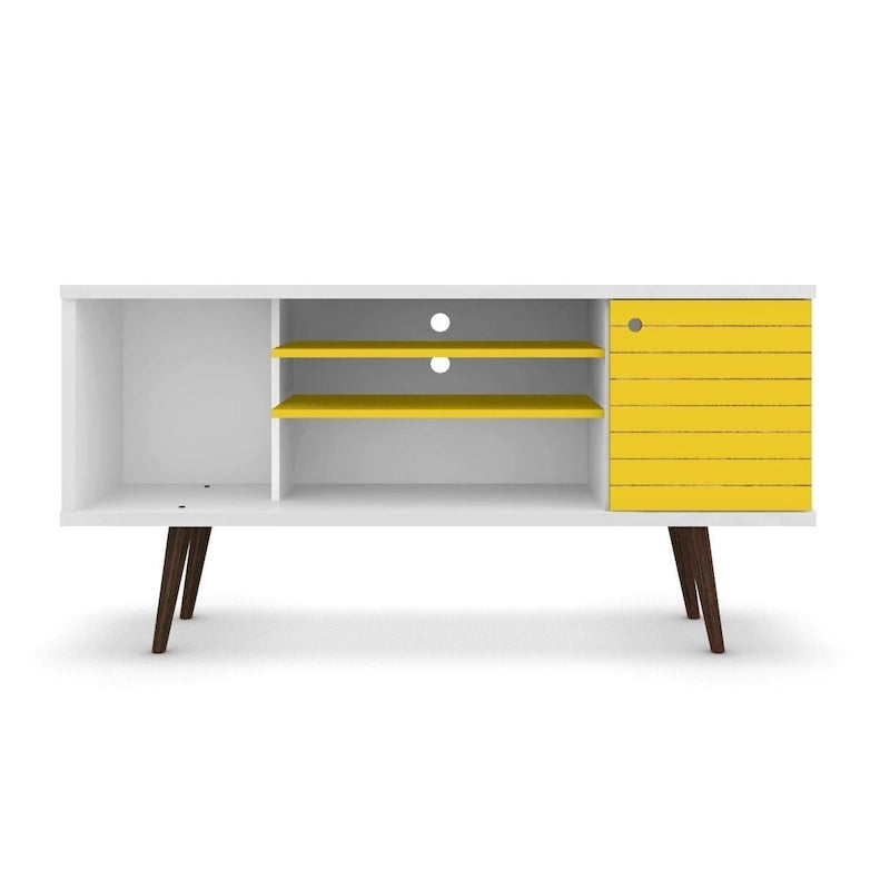Mueble de TV blanco de mediados de siglo con armario y estantes, soporta televisores de hasta 50", requiere 1 persona para montarlo