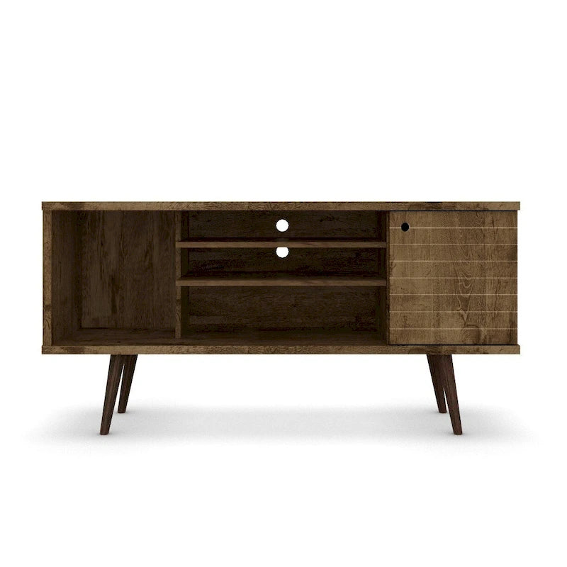 Mueble de TV blanco de mediados de siglo con armario y estantes, soporta televisores de hasta 50", requiere 1 persona para montarlo