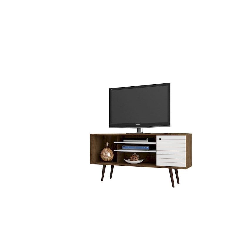 Mueble de TV blanco de mediados de siglo con armario y estantes, soporta televisores de hasta 50", requiere 1 persona para montarlo