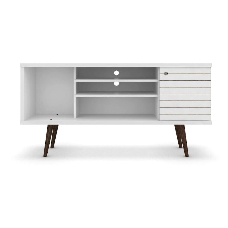 Mueble de TV blanco de mediados de siglo con armario y estantes, soporta televisores de hasta 50", requiere 1 persona para montarlo