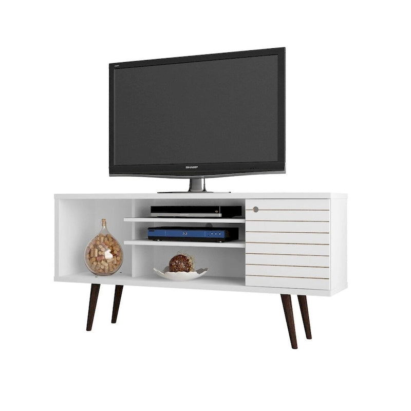 Mueble de TV blanco de mediados de siglo con armario y estantes, soporta televisores de hasta 50", requiere 1 persona para montarlo