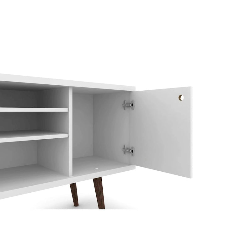 Mueble de TV blanco de mediados de siglo con armario y estantes, soporta televisores de hasta 50", requiere 1 persona para montarlo
