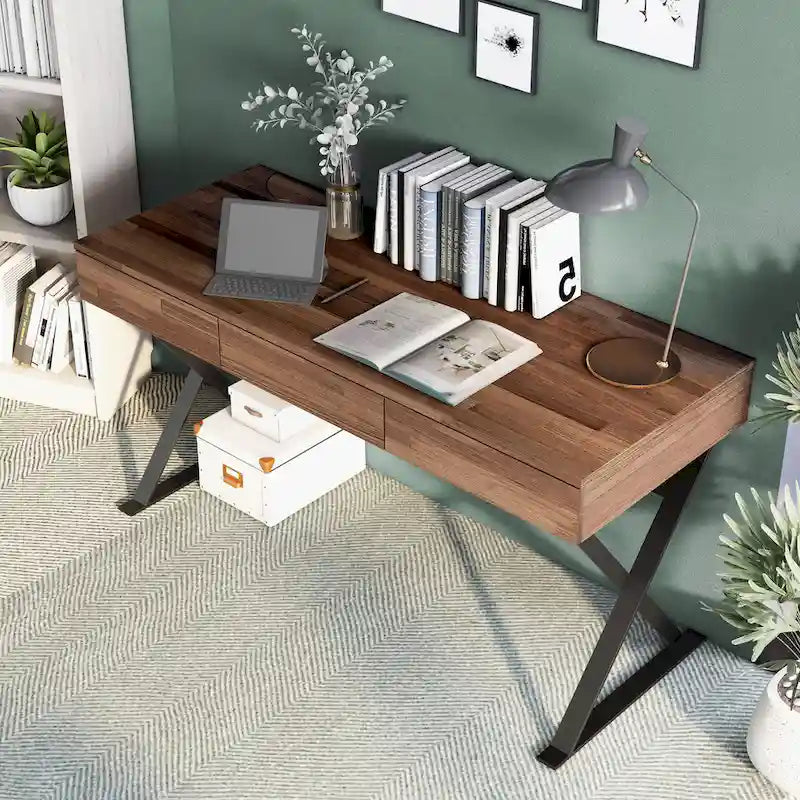 Escritorio industrial para computadora negro y nogal con USB, de un solo usuario, 150 cm