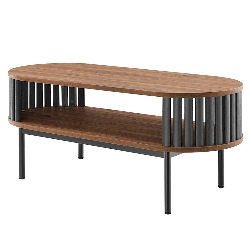 Mesa de centro ovalada de nogal y negra con estante inferior