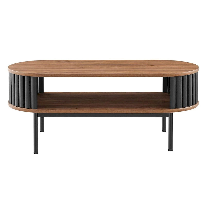 Mesa de centro ovalada de nogal y negra con estante inferior