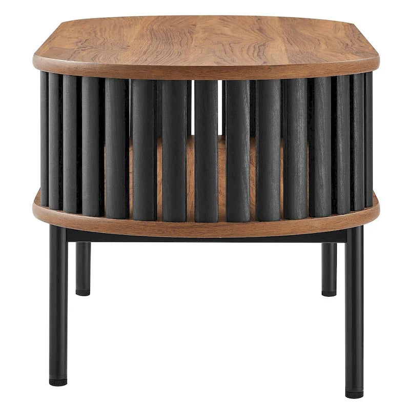 Mesa de centro ovalada de nogal y negra con estante inferior