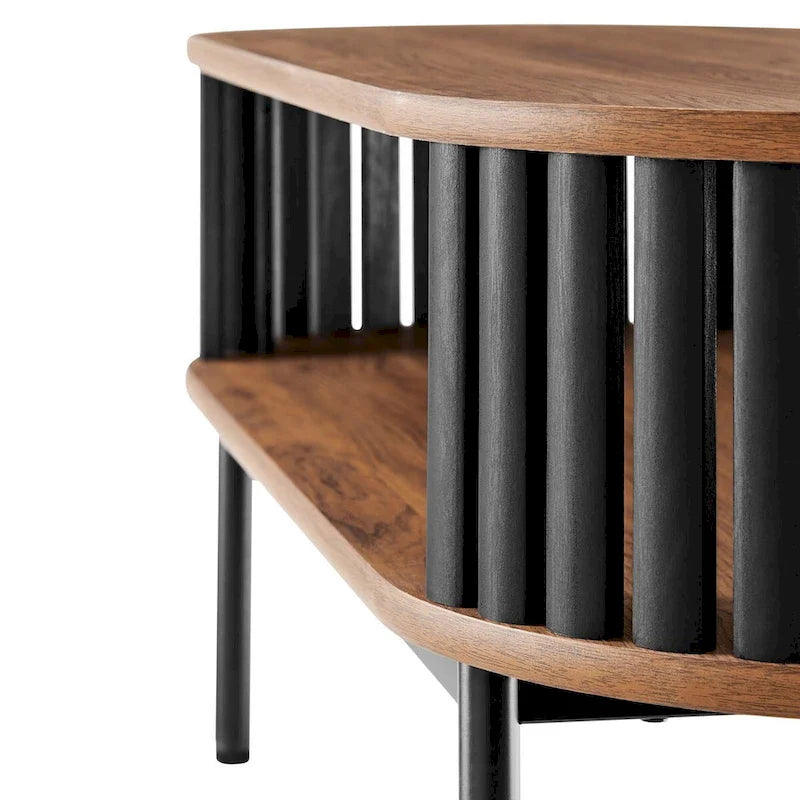 Mesa de centro ovalada de nogal y negra con estante inferior