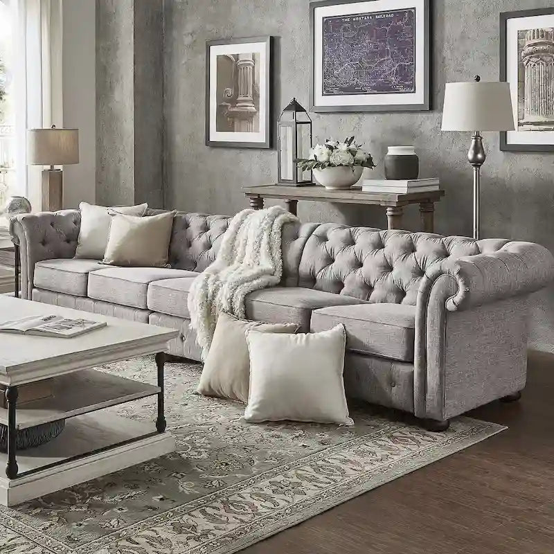 Sofá Chesterfield de terciopelo gris claro / gris – 4/5/6 plazas