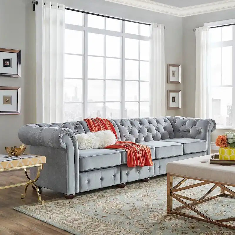 Sofá Chesterfield de terciopelo gris claro / gris – 4/5/6 plazas