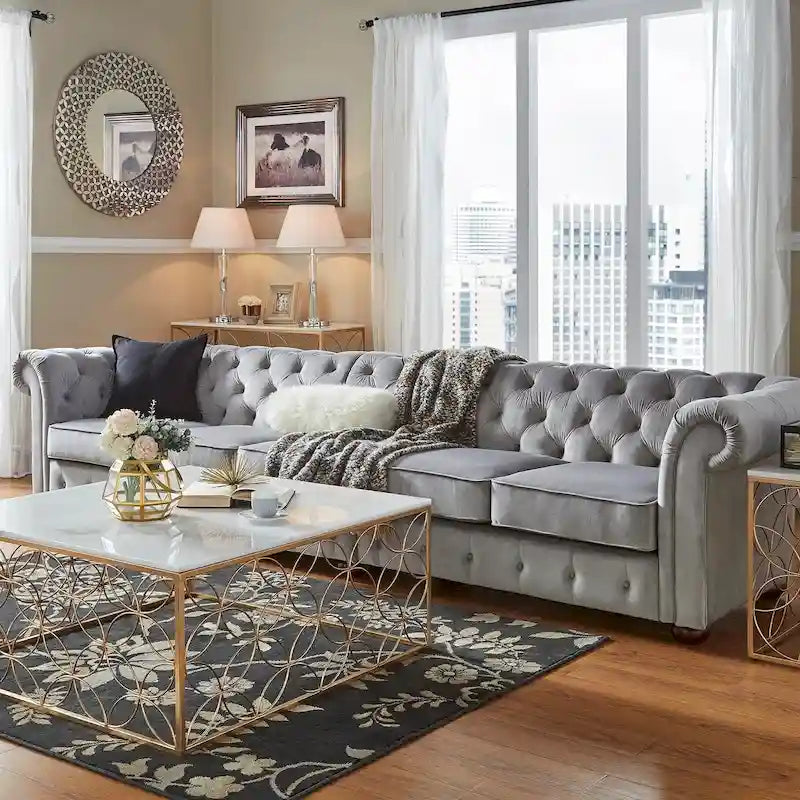 Sofá Chesterfield de terciopelo gris claro / gris – 4/5/6 plazas