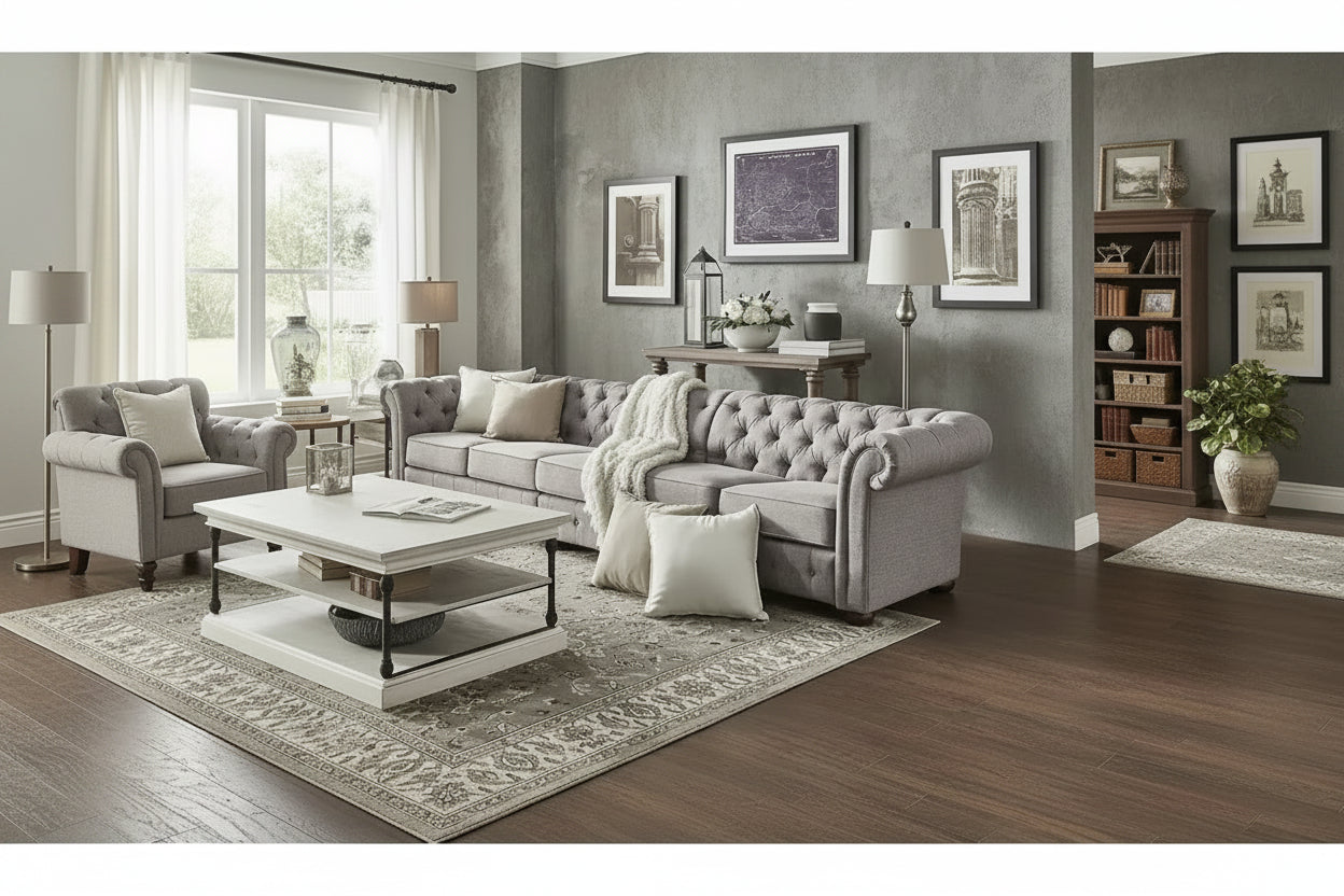 Sofá Chesterfield de terciopelo gris claro / gris – 4/5/6 plazas
