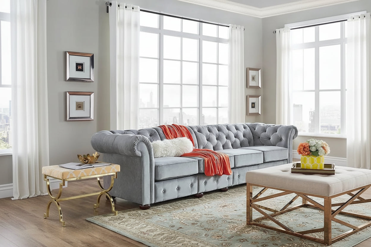 Sofá Chesterfield de terciopelo gris claro / gris – 4/5/6 plazas