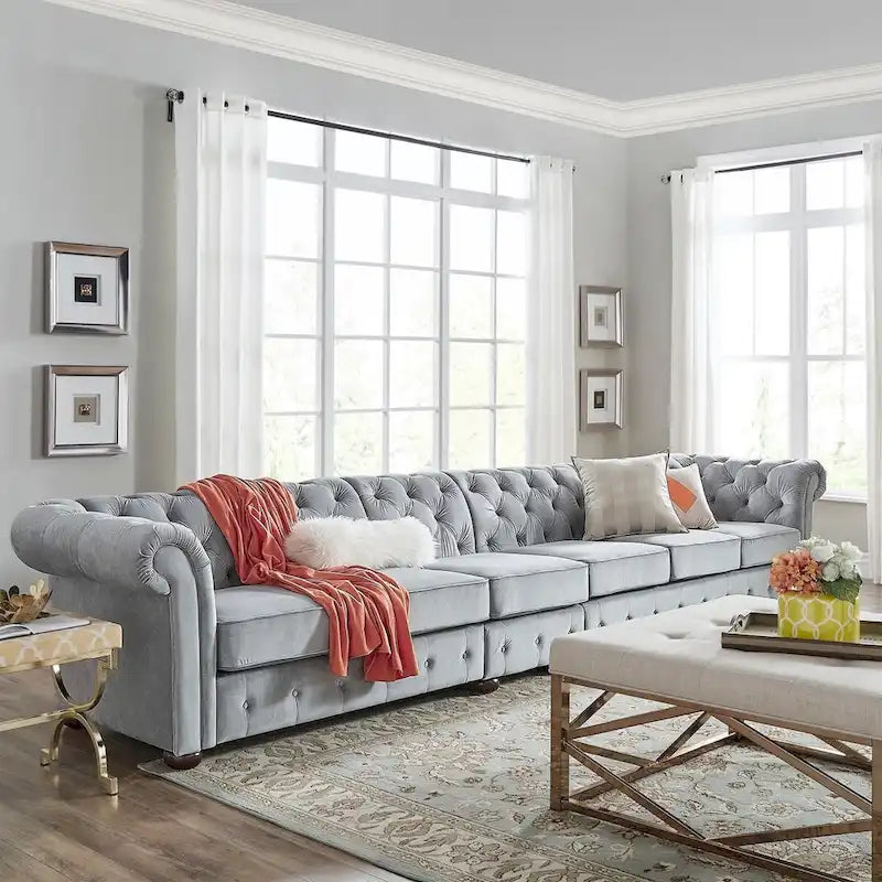 Sofá Chesterfield de terciopelo gris claro / gris – 4/5/6 plazas