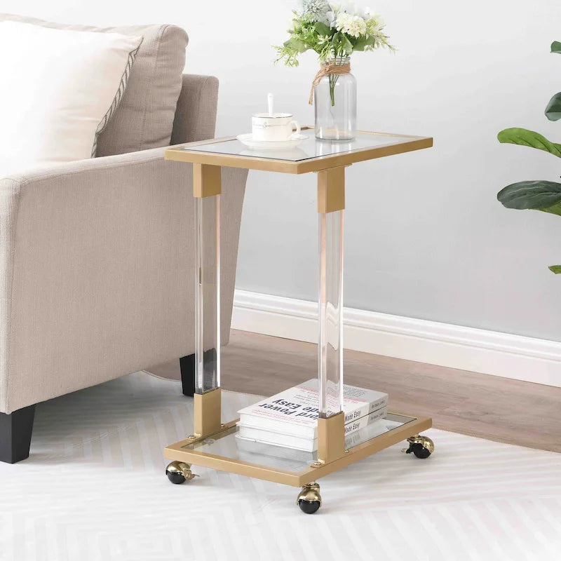 Mesa auxiliar en forma de C de cromo/dorada con tapa de cristal templado y base de metal, para 1