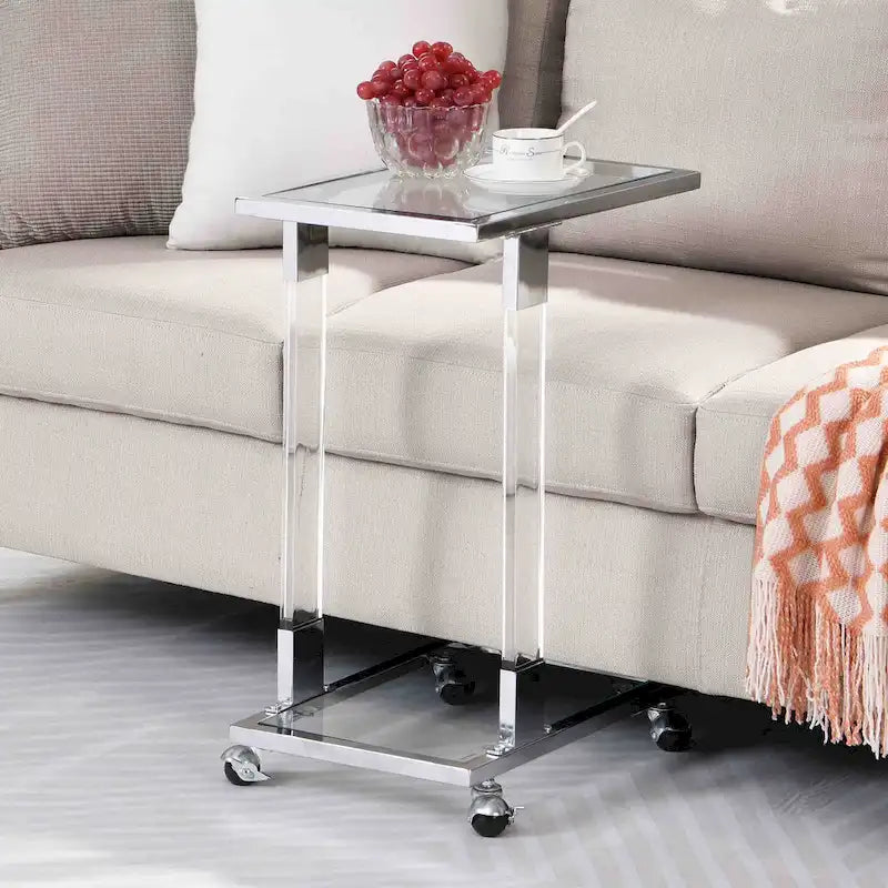 Mesa auxiliar en forma de C de cromo/dorada con tapa de cristal templado y base de metal, para 1