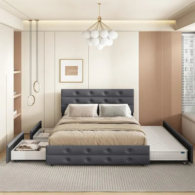 Marco de cama queen de lino gris/beige claro con cama nido y 2 cajones, capacidad para 1-2