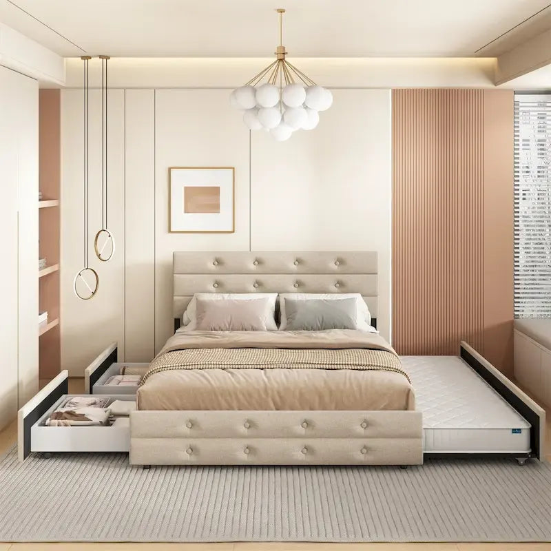 Marco de cama queen de lino gris/beige claro con cama nido y 2 cajones, capacidad para 1-2
