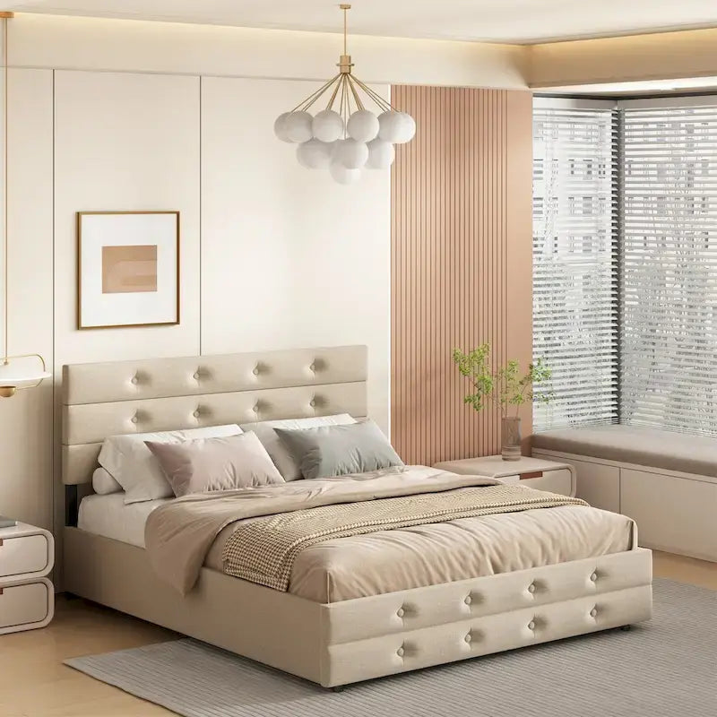 Marco de cama queen de lino gris/beige claro con cama nido y 2 cajones, capacidad para 1-2