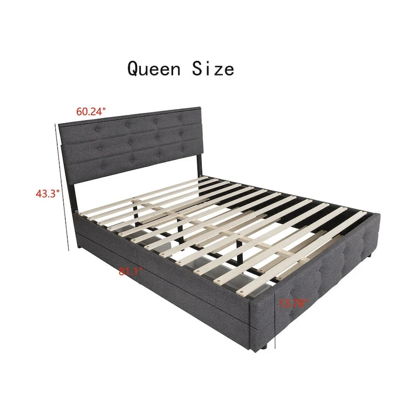 Marco de cama queen de lino gris/beige claro con cama nido y 2 cajones, capacidad para 1-2