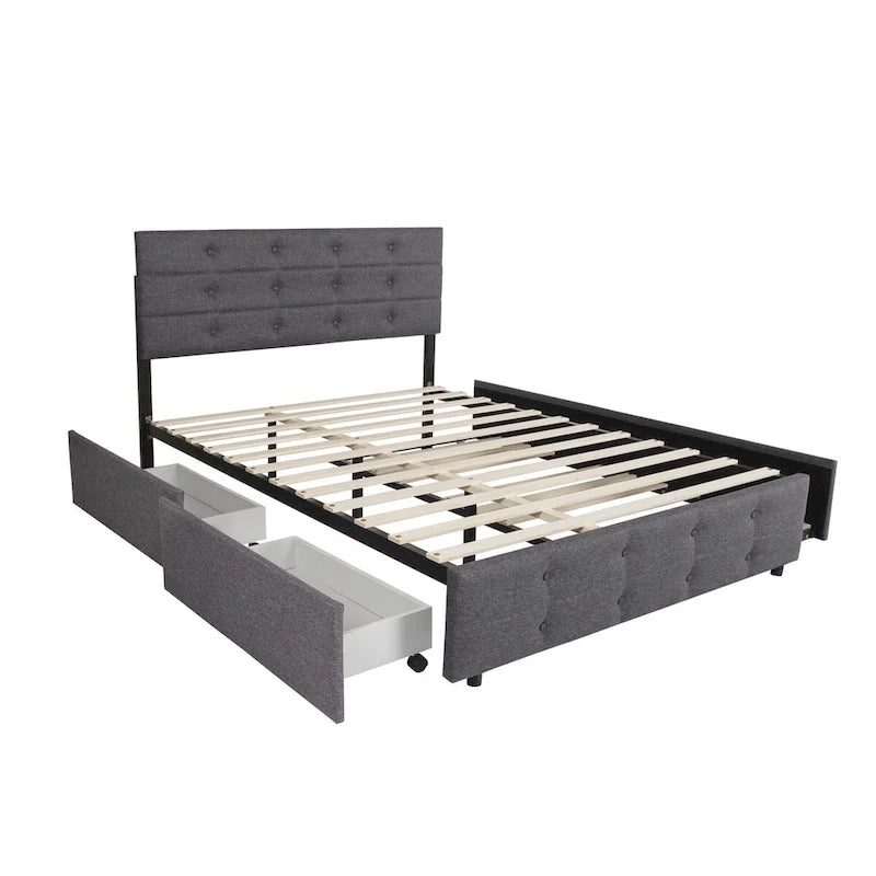 Marco de cama queen de lino gris/beige claro con cama nido y 2 cajones, capacidad para 1-2