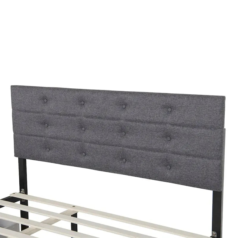 Marco de cama queen de lino gris/beige claro con cama nido y 2 cajones, capacidad para 1-2